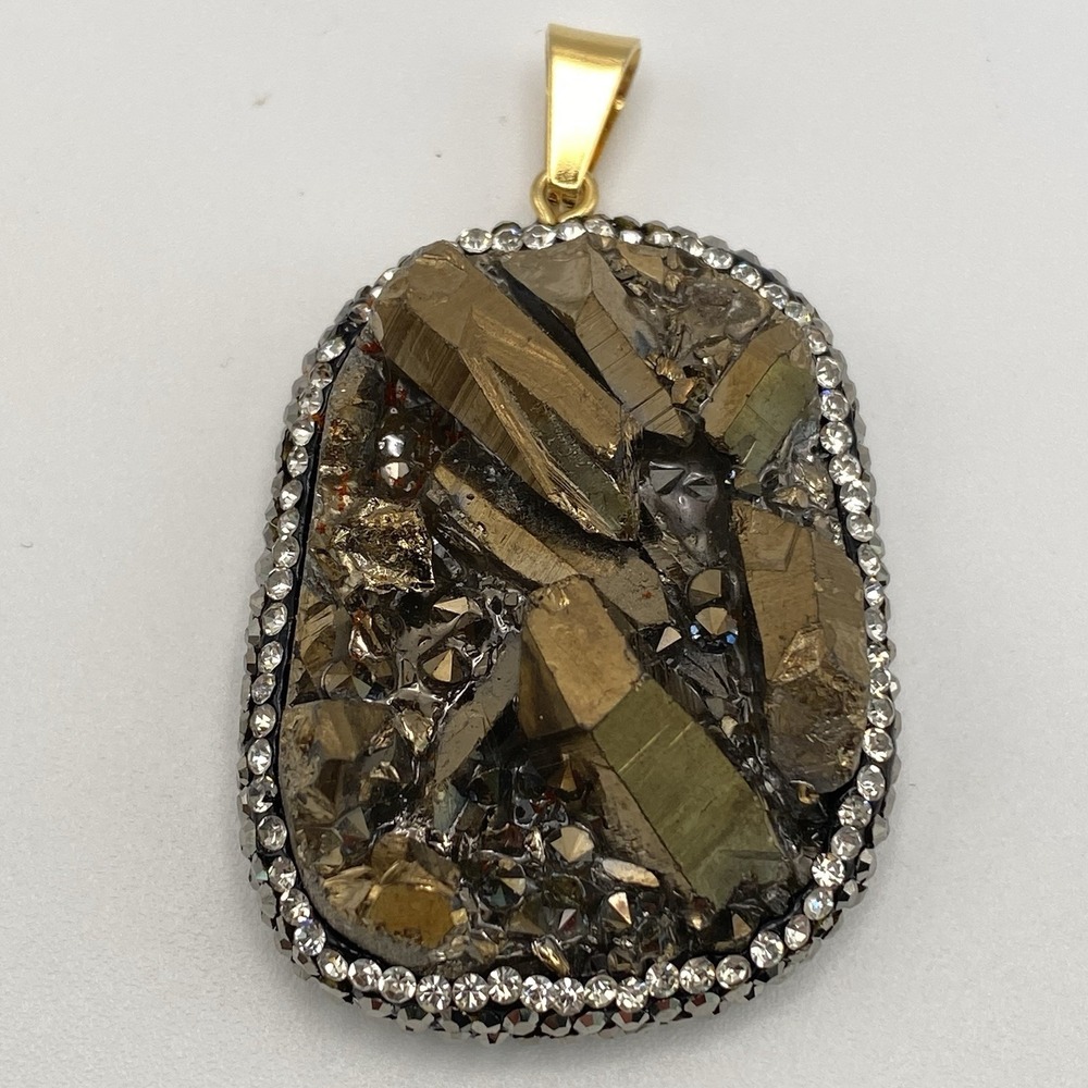 Unsigned Pyrite Cluster Rhinestone Pendant Estate Gold Tone 2"
